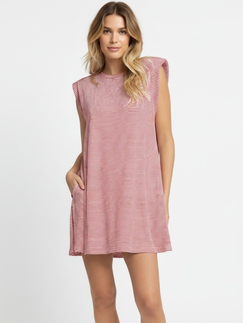 Elan T-shirt Mini Dress Short Sleeve Crew Red White Stripe Pocketed Women's Med